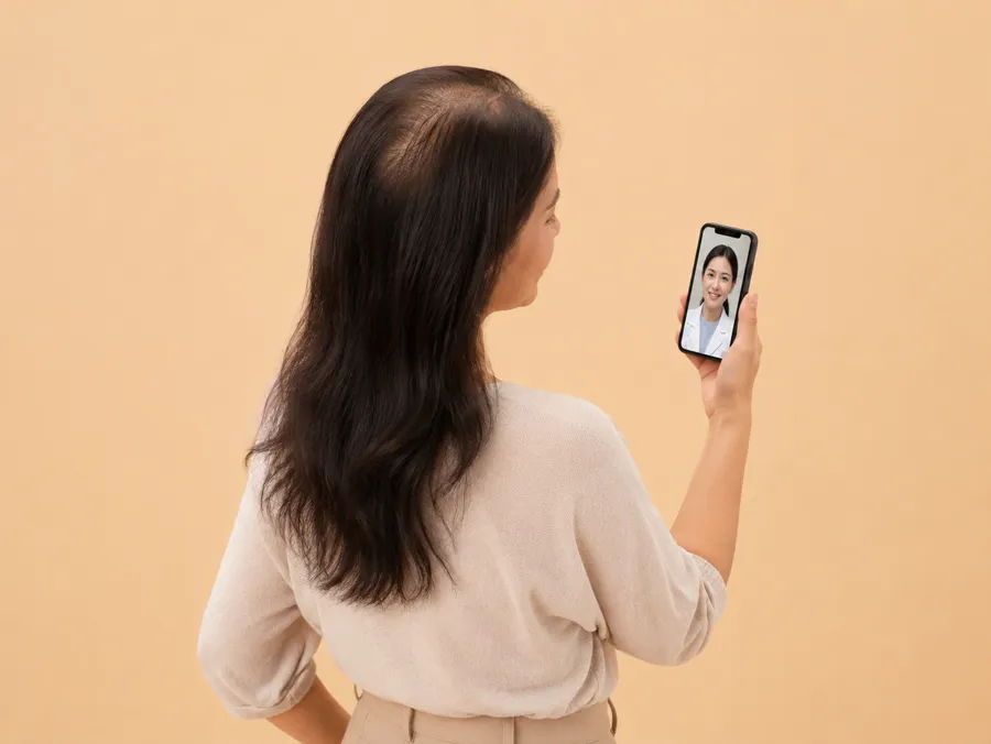 A woman on a video call with a doctor on her phone.