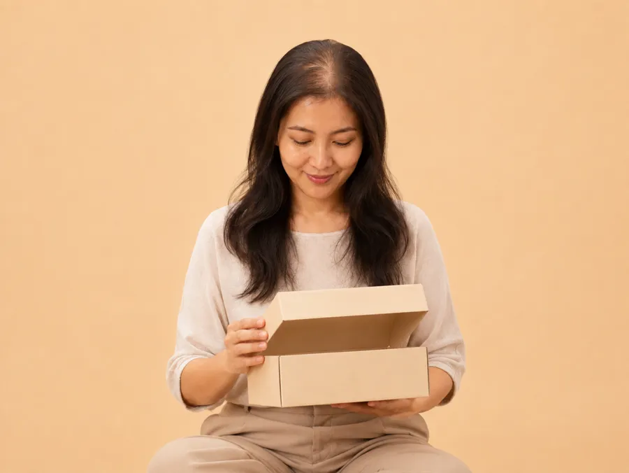 A woman opening a plain unmarked delivery box.